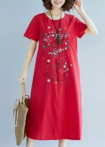 Rotes Kleid Sommer Leinen bestickt Urlaub Kunst