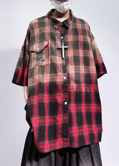 Übergroße rote Kunst Baumwolle Ärmel Halbtaschen Plaid Shirts Herren