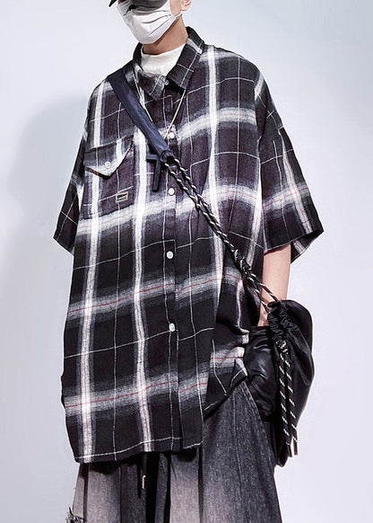 Übergroße rote Kunst Baumwolle Ärmel Halbtaschen Plaid Shirts Herren