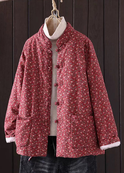 Manteau épais à poches boutonnées et imprimé rouge Art Hiver QG036