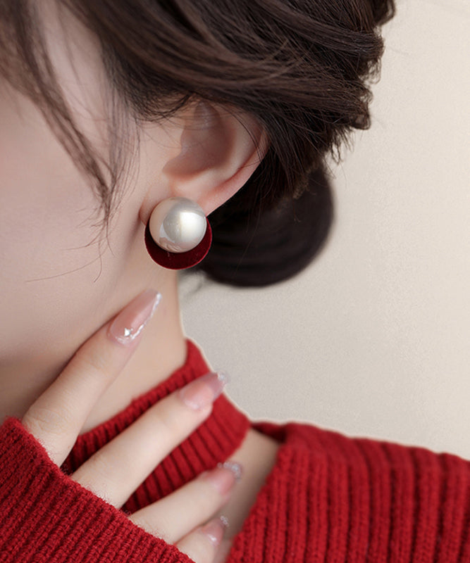Silver Stud Art Red Earrings Pearl Flocking Sterling