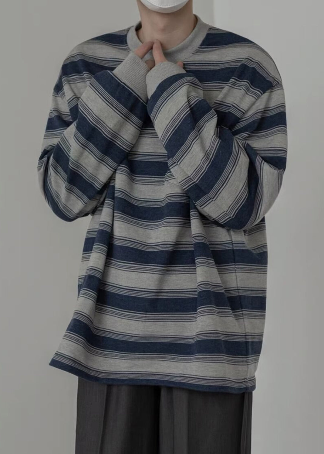 Herren Art O-Ausschnitt Gestreifter Pullover Baumwolle Frühlingshemd T