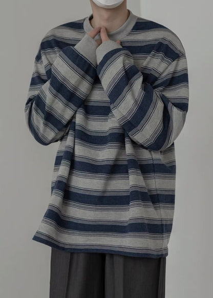 Herren Art O-Ausschnitt Gestreifter Pullover Baumwolle Frühlingshemd T