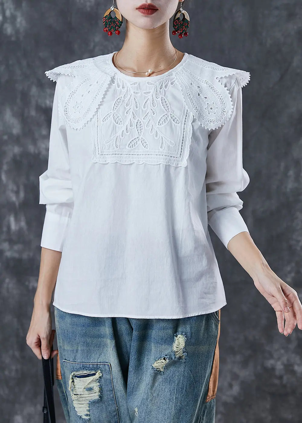 Art White O-Neck Lace Patchwork Cotton Shirt Top Fall Ada Fashion