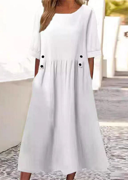 Robe longue en coton uni avec poches et col rond Art White QA027