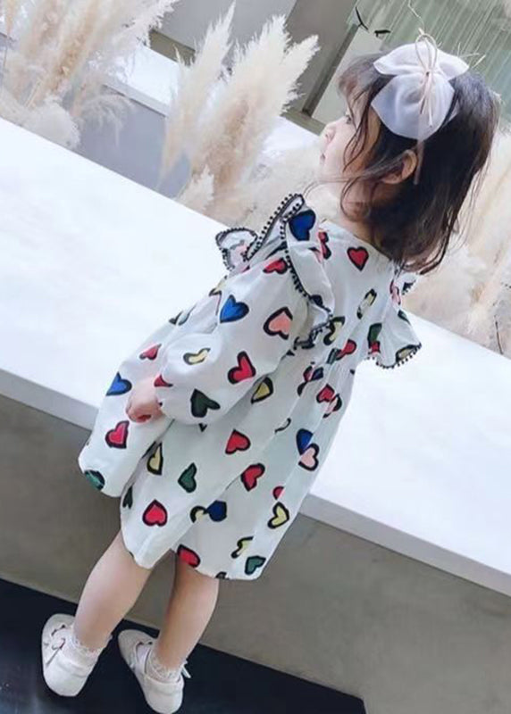 Art White O-Neck Print Girls Mid Dress Long Sleeve SS1052