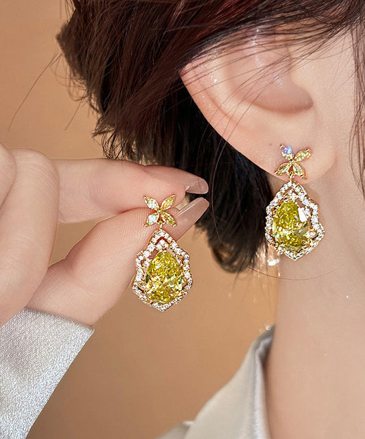 Drop Crystal Earrings Clover Leaf Copper Four Art Yellow Overgild