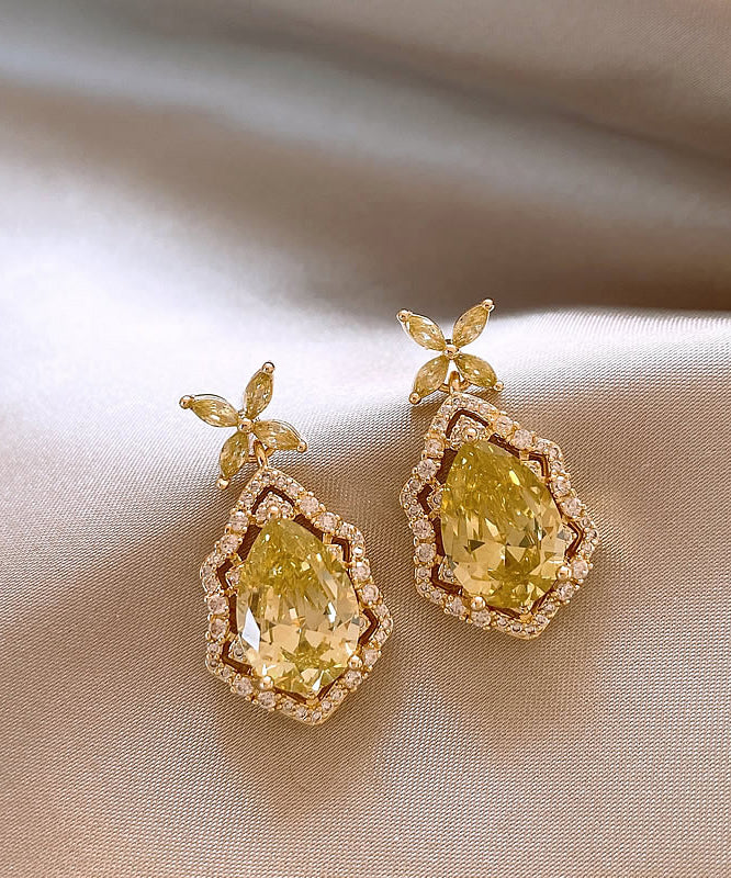 Drop Crystal Earrings Clover Leaf Copper Four Art Yellow Overgild