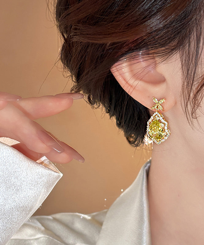 Drop Crystal Earrings Clover Leaf Copper Four Art Yellow Overgild