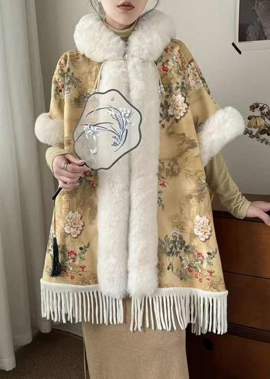 Art Gelb Pelz Kragen Druck Seite Offen Warme Fleece Mäntel Winter RZ018