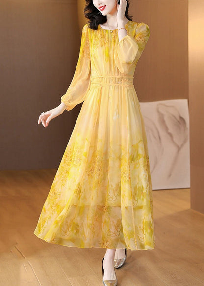 Robe longue en soie jaune à col rond et lacets pour l'été BB019