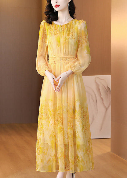 Robe longue en soie jaune à col rond et lacets pour l'été BB019