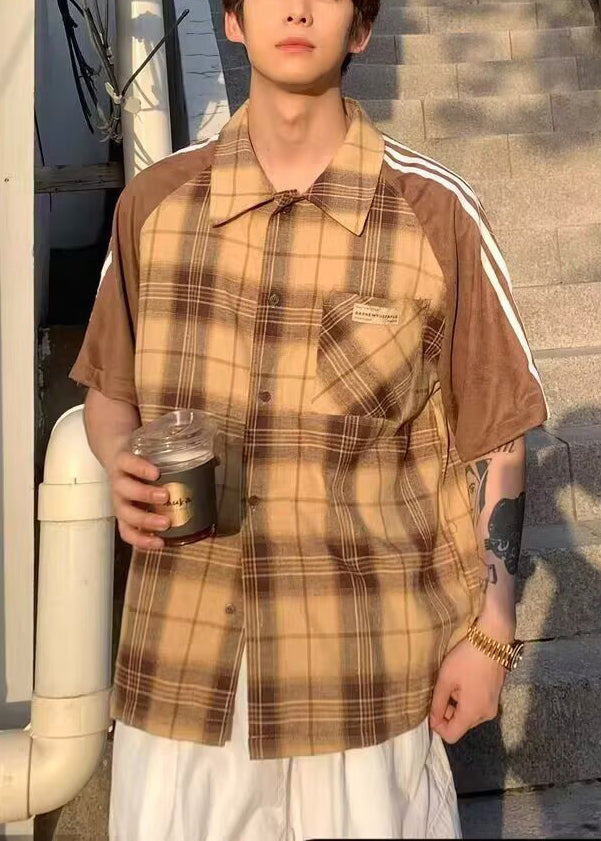 Art Herrenhemd Halbe Patchworkärmel Baumwolle Gelb Kariert