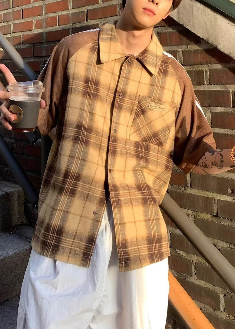 Art Herrenhemd Halbe Patchworkärmel Baumwolle Gelb Kariert