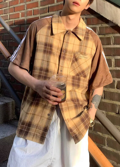 Art Herrenhemd Halbe Patchworkärmel Baumwolle Gelb Kariert