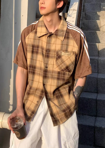 Art Herrenhemd Halbe Patchworkärmel Baumwolle Gelb Kariert