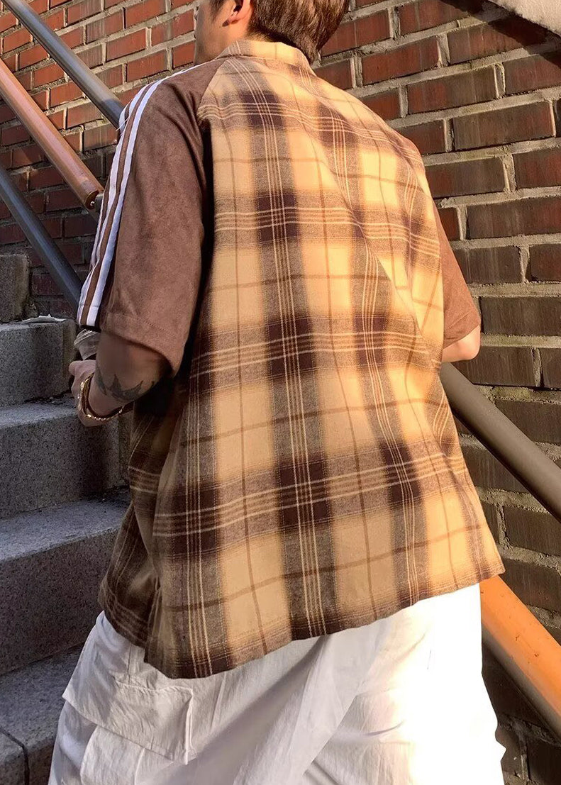 Art Herrenhemd Halbe Patchworkärmel Baumwolle Gelb Kariert