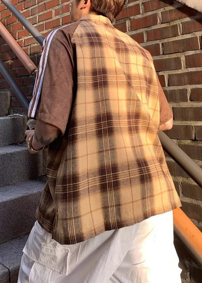 Art Herrenhemd Halbe Patchworkärmel Baumwolle Gelb Kariert