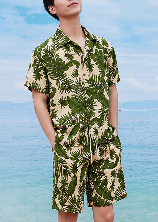 Beach Blue Peter Pan Collar Print Cotton Mens Two Piece Set Summer HG057