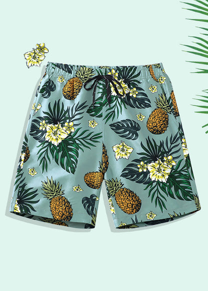 Men Cotton Elastic Pockets Beach Shorts Summer Print Waist