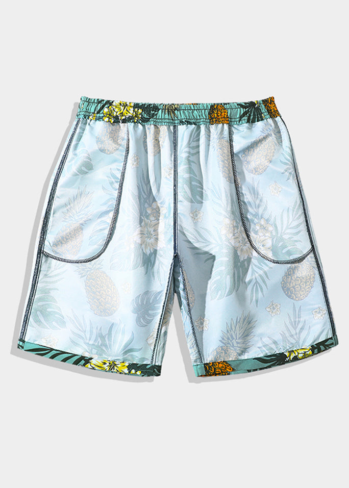 Men Cotton Elastic Pockets Beach Shorts Summer Print Waist