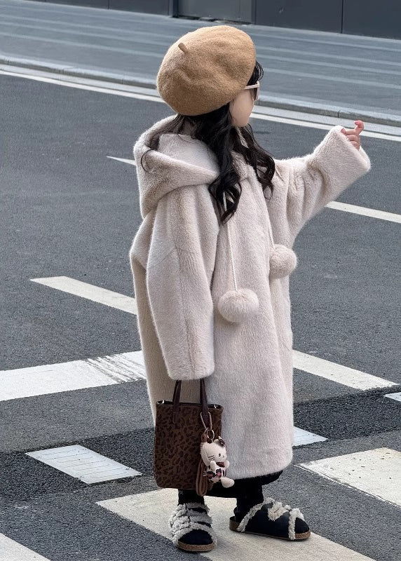 Magnifiques manteaux longs à capuche en velours et vison pour filles, décorés de boules pelucheuses abricot, hiver TG021
