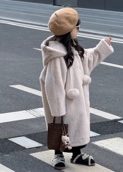 Magnifiques manteaux longs à capuche en velours et vison pour filles, décorés de boules pelucheuses abricot, hiver TG021