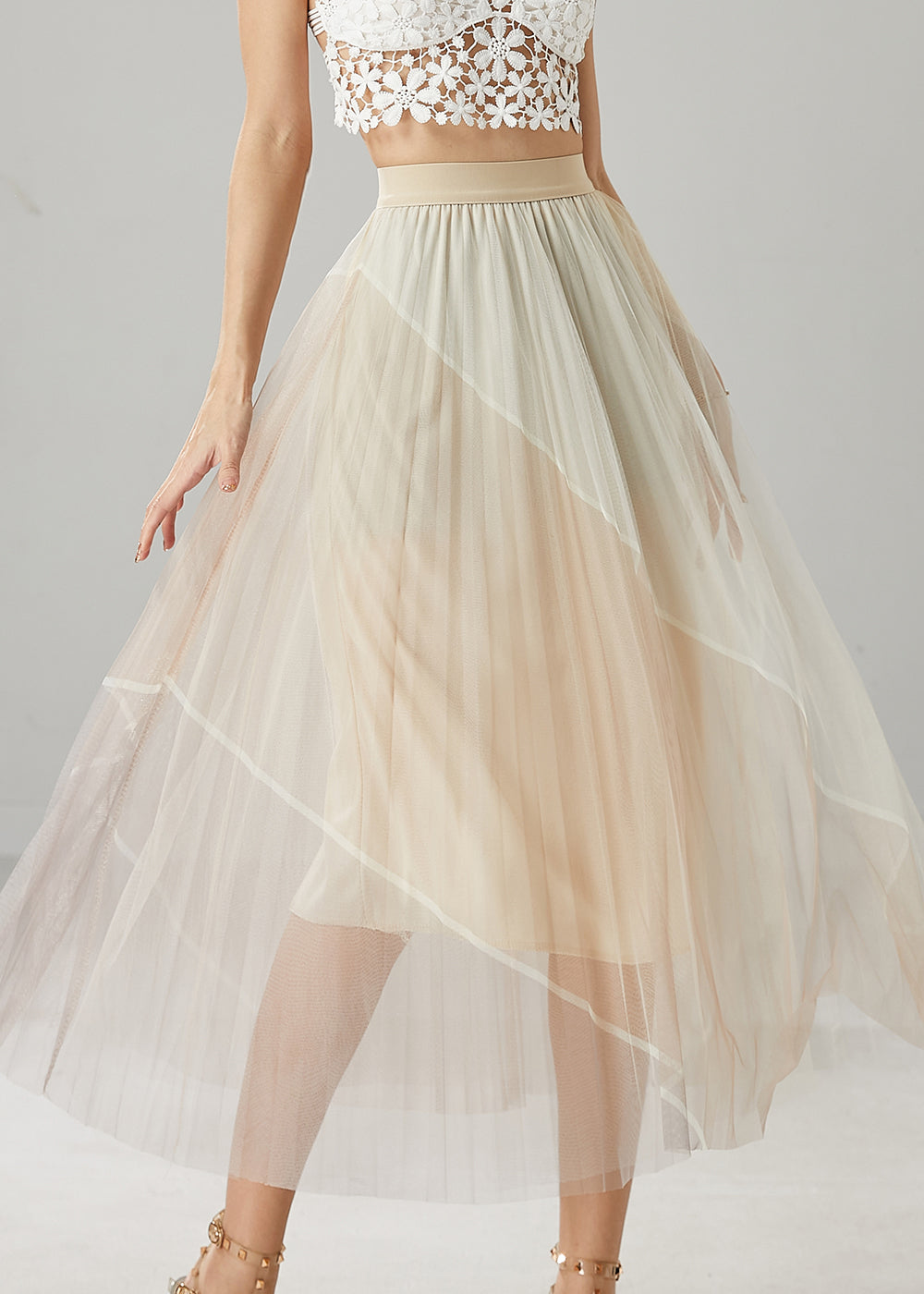 Beautiful Apricot High Waist Patchwork Tulle Skirts Summer YU1028