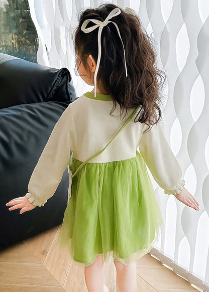 Belle robe mi-longue en tulle patchwork à col rond pour enfants, couleur abricot, automne SS1057