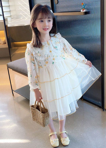 Belle robe longue en tulle patchwork à col Peter Pan abricot pour filles, manches longues SS1040