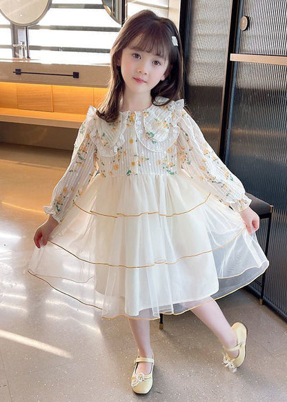 Belle robe longue en tulle patchwork à col Peter Pan abricot pour filles, manches longues SS1040