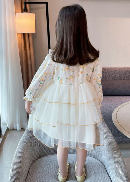 Belle robe longue en tulle patchwork à col Peter Pan abricot pour filles, manches longues SS1040