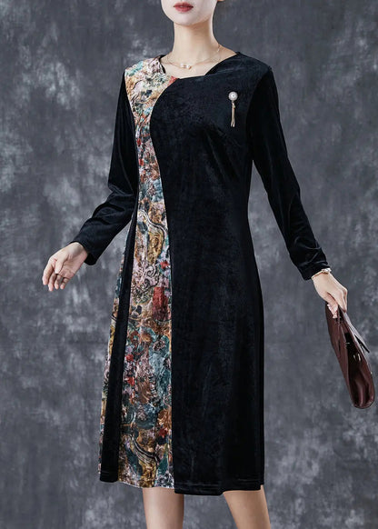 Beautiful Black Exra Large Hem Patchwork Silk Velour Vacation Dresses Fall Ada Fashion