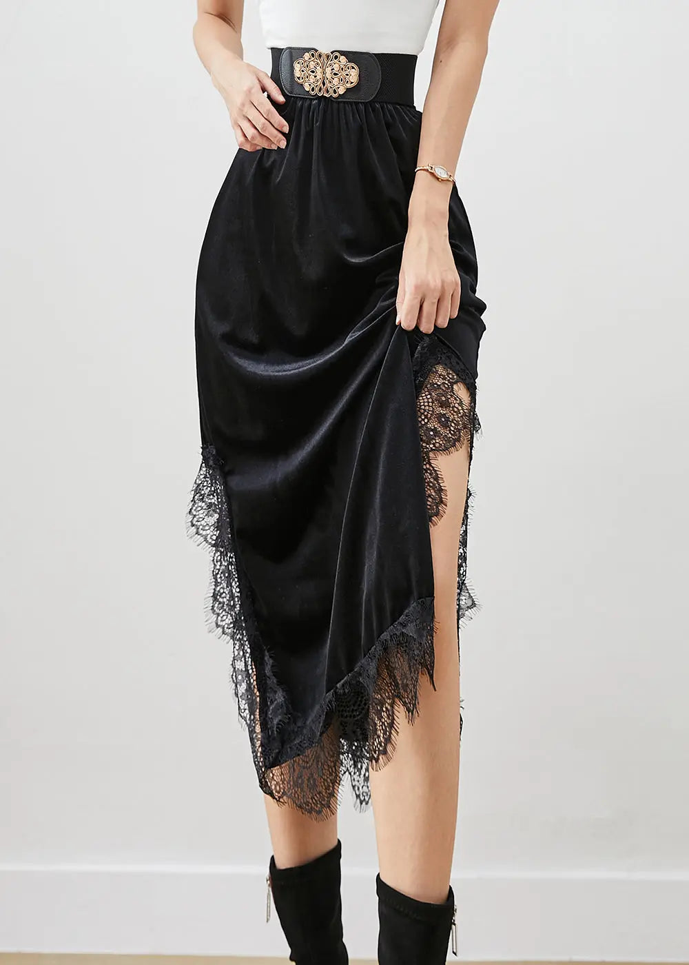 Beautiful Black Lace Patchwork Side Open Silk Velour Skirts Fall Ada Fashion