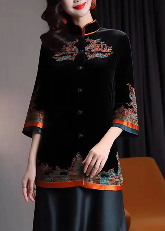 Beautiful Black Stand Collar Embroidered Button Silk Velour Coats Fall Ada Fashion