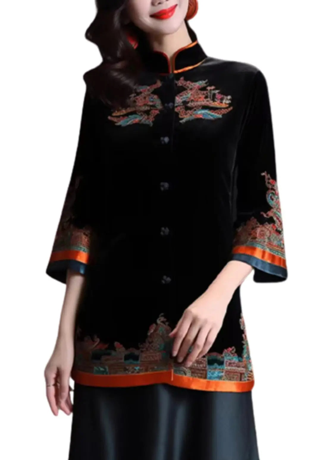 Beautiful Black Stand Collar Embroidered Button Silk Velour Coats Fall Ada Fashion