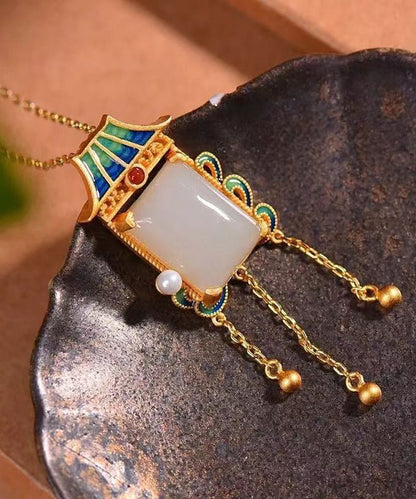 Magnifique collier avec pendentif en forme de pagode en agate de jade surdoré en cuivre bleu KX1065