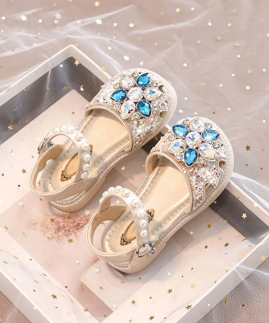 Blue Hollow Buckle Beautiful Girls Crystal Sandals Strap Out Flat