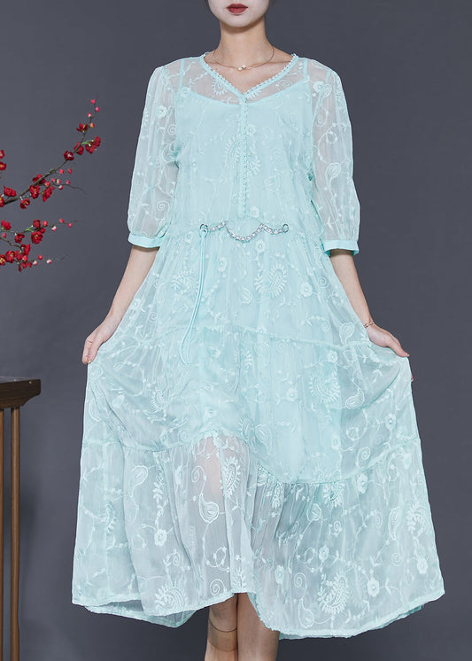 Beautiful Blue Embroidered Silk Long Dress Half Sleeve SD1005