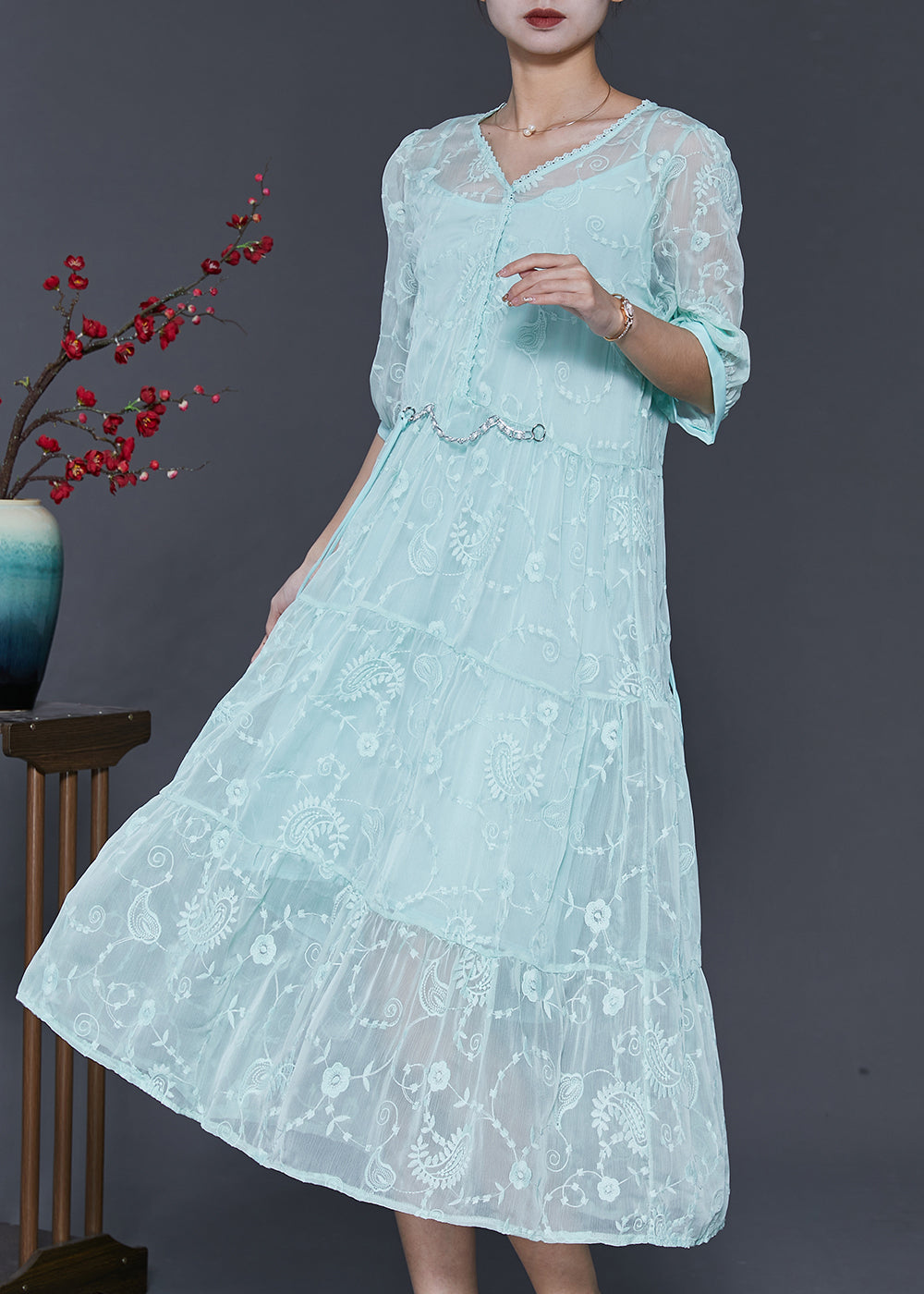 Beautiful Blue Embroidered Silk Long Dress Half Sleeve SD1005