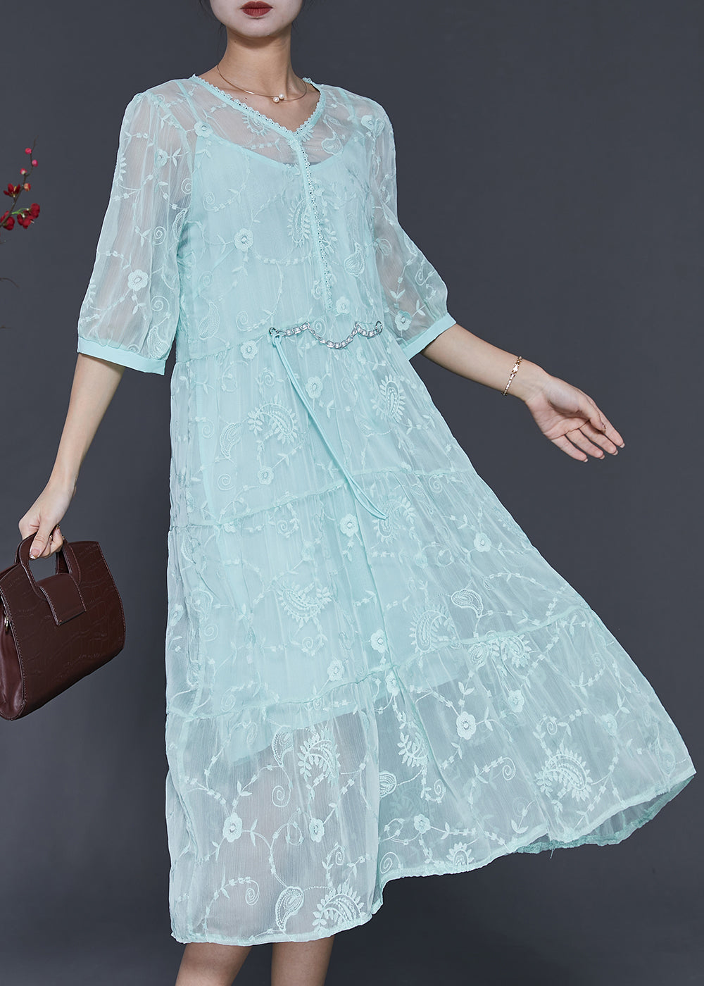 Beautiful Blue Embroidered Silk Long Dress Half Sleeve SD1005