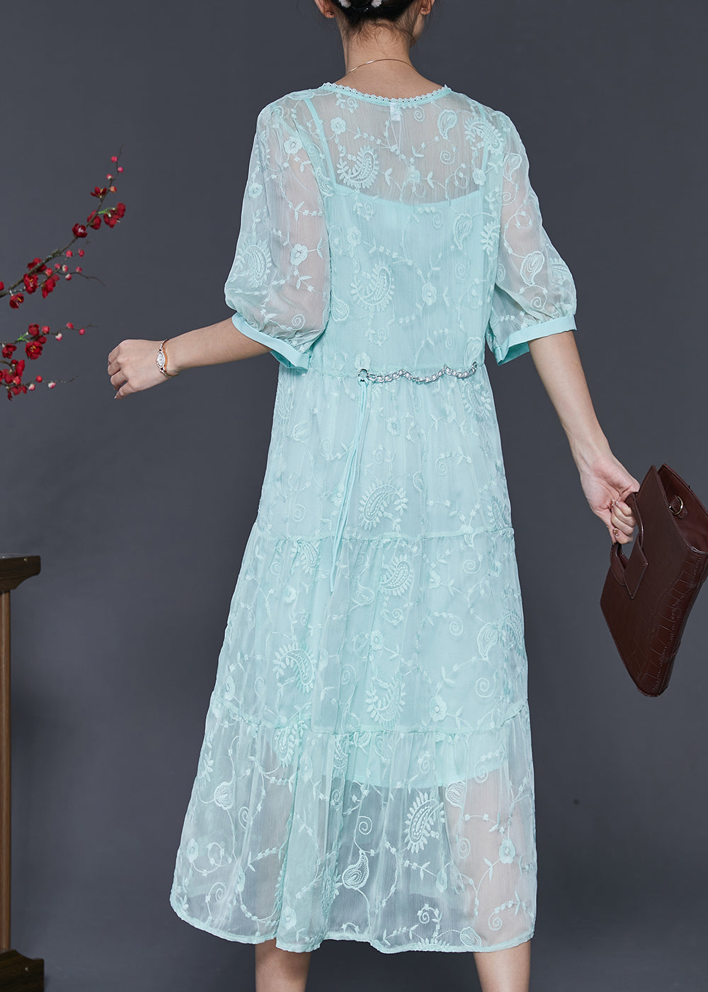 Beautiful Blue Embroidered Silk Long Dress Half Sleeve SD1005