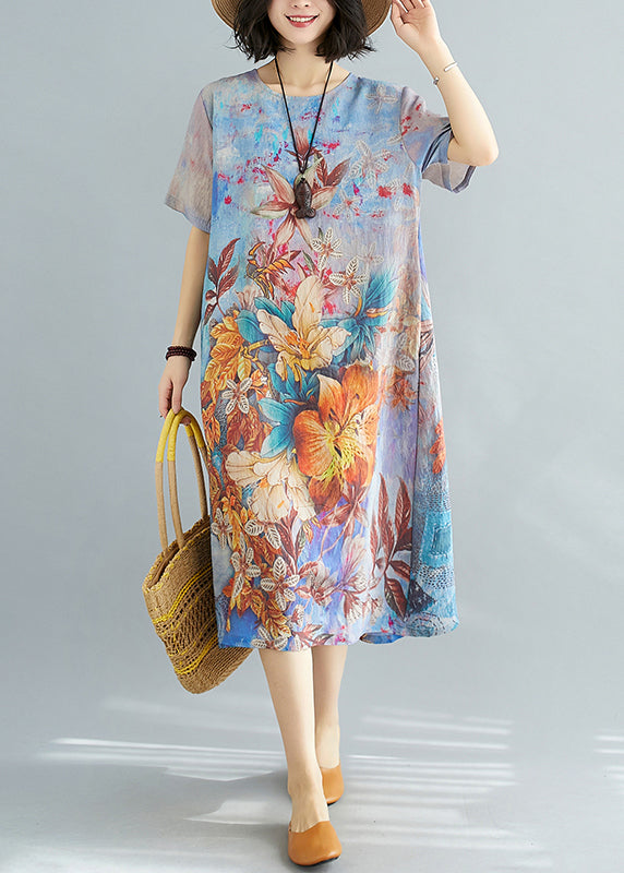 Beautiful Blue O Neck Print Cotton Dresses Summer JH026