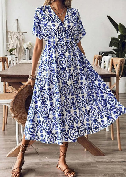 Belles robes de vacances en coton bleu à col en V imprimé été AU1029