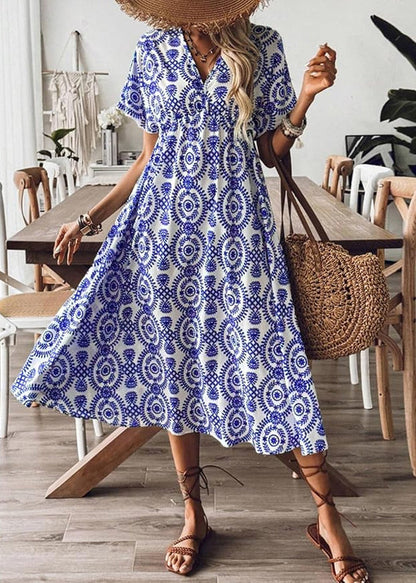 Belles robes de vacances en coton bleu à col en V imprimé été AU1029