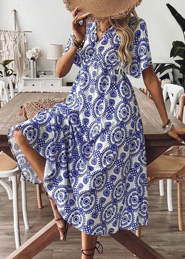 Beautiful Blue V Neck Print Cotton Vacation Dresses Summer AU1029