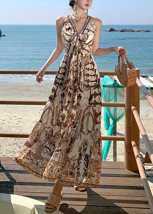 Robe d'été imprimée marron pour la plage, belle mousseline