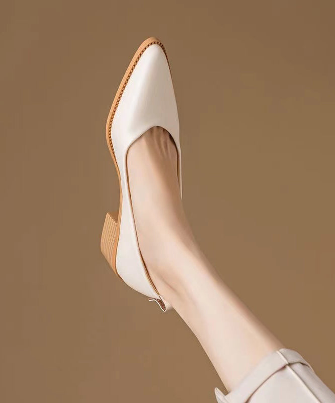 Beautiful Chunky Heel Beige Cowhide Leather Pointed Toe AP1027