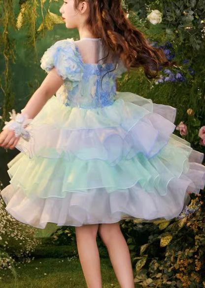 Belle robe mi-longue en tulle à col rond et blocs de couleurs pour filles, été XZ045