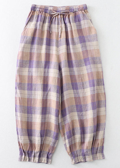 Übergroße Leinen Schöne Haremshose Plaid Colorblock Sommer